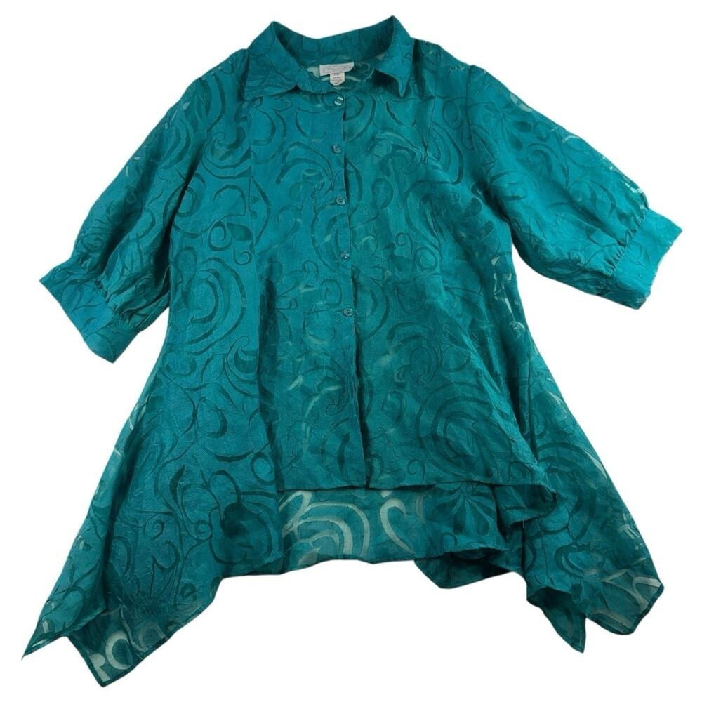 Come N See Plus 2XL Tunic Top Artsy Teal Sheer‎ Floral Asymmetrical Puff Sleeve